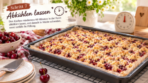Abkühlen lassen: Den Kuchen mindestens 60 Minuten in der Form abkühlen lassen, erst danach in Stücke schneiden, sonst zerfällt die Füllung.