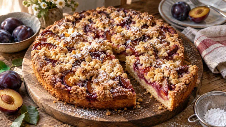 Pflaumen-Streuselkuchen frisch gebacken auf einem rustikalen Holzbrett mit saftigen Pflaumen, goldenen Streuseln und Puderzucker