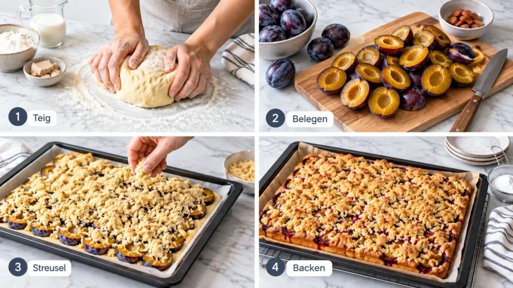 Pflaumen-Streuselkuchen Schritt für Schritt: Teig, Belegen, Streusel, Backen
