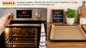 ⏳ Schritt 1 – Backofen vorheizen. Heize den Ofen auf 180 °C Ober-/Unterhitze vor und lege ein Backblech 40 × 35 mit Backpapier aus.