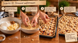 Schritt 10: Streusel aufstreuen. Verteile die Streusel gleichmäßig über den Früchten. Es darf ruhig etwas uneben aussehen, das wird beim Backen zur schönen Kruste.
