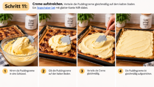 Schritt 11 – Creme aufstreichen. Verteile die Puddingcreme gleichmäßig auf dem kalten Boden. Ein Teigschaber-Set mit glatter Kante hilft dabei.