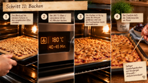 Schritt 10: Streusel aufstreuen. Verteile die Streusel gleichmäßig über den Früchten. Es darf ruhig etwas uneben aussehen, das wird beim Backen zur schönen Kruste.