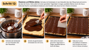 Schritt 12 – Glasieren und Wellen ziehen. Schmelze die Schokolade mit dem Kokosfett über dem Wasserbad und streiche sie über die Creme. Ziehe sofort mit einem gezackten Teigschaber in langen, parallelen Bahnen durch die Glasur. Stelle den Kuchen anschließend mindestens zwei Stunden kalt, bevor du ihn in Stücke schneidest.