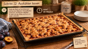 Schritt 12: Auskühlen lassen. Stelle das Blech auf einen Gitterrost und lass den Pflaumen-Streuselkuchen mindestens 30 Minuten abkühlen. So setzt sich der Belag und lässt sich sauber schneiden.