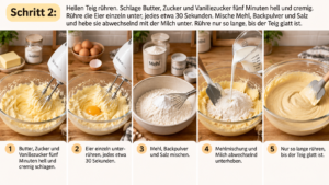 Schritt 2 – Hellen Teig rühren. Schlage Butter, Zucker und Vanillezucker fünf Minuten hell und cremig. Rühre die Eier einzeln unter, jedes etwa 30 Sekunden. Mische Mehl, Backpulver und Salz und hebe sie abwechselnd mit der Milch unter. Rühre nur so lange, bis der Teig glatt ist.