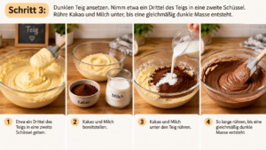Schritt 3 – Dunklen Teig ansetzen. Nimm etwa ein Drittel des Teigs in eine zweite Schüssel. Rühre Kakao und Milch unter, bis eine gleichmäßig dunkle Masse entsteht.