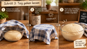Schritt 3: Teig gehen lassen. Decke die Schüssel mit einem Küchentuch ab und stelle sie an einen warmen, zugfreien Ort. Nach etwa 60 Minuten hat sich das Volumen sichtbar vergrößert.