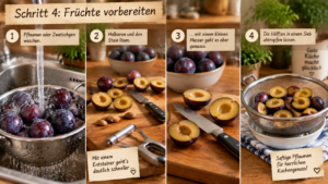 Schritt 4: Früchte vorbereiten. Wasche die Pflaumen oder Zwetschgen, halbiere sie und löse den Stein. Ein Zwetschgenentsteiner beschleunigt das deutlich, mit einem kleinen Messer geht es aber genauso. Lass die Hälften in einem Sieb abtropfen.