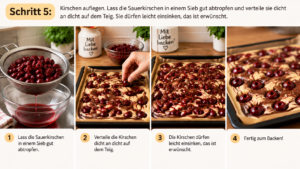 Schritt 5 – Kirschen auflegen. Lass die Sauerkirschen in einem Sieb gut abtropfen und verteile sie dicht an dicht auf dem Teig. Sie dürfen leicht einsinken, das ist erwünscht.