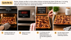 Schritt 6 – Backen. Schiebe das Blech auf die mittlere Schiene und backe den Boden 30 Minuten. Er ist fertig, wenn die Stäbchenprobe am Rand trocken bleibt und die Oberfläche goldbraun ist. Lass ihn danach auf einem Gitterrost vollständig auskühlen.