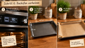 Schritt 6: Backofen vorheizen. Heize den Ofen auf 180 °C Ober-/Unterhitze vor und lege ein Backblech 40×35 mit Backpapier aus.