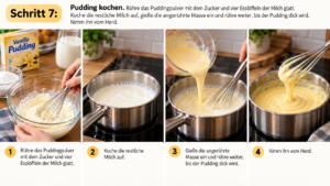 Schritt 7 – Pudding kochen. Rühre das Puddingpulver mit dem Zucker und vier Esslöffeln der Milch glatt. Koche die restliche Milch auf, gieße die angerührte Masse ein und rühre weiter, bis der Pudding dick wird. Nimm ihn vom Herd.