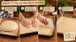 Schritt 7: Teig auf dem Blech verteilen. Drücke den gegangenen Teig mit den Händen gleichmäßig auf das Blech. Ein Teigschaber-Set hilft, die Ränder sauber zu formen. Der Rand sollte etwa einen Zentimeter hoch sein.