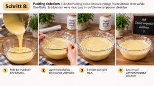 Schritt 8 – Pudding abdecken. Fülle den Pudding in eine Schüssel und lege Frischhaltefolie direkt auf die Oberfläche. So bildet sich keine Haut. Lass ihn auf Zimmertemperatur abkühlen.