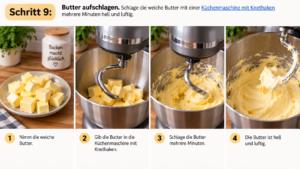 Schritt 9 – Butter aufschlagen. Schlage die weiche Butter mit einer Küchenmaschine mit Knethaken mehrere Minuten hell und luftig.