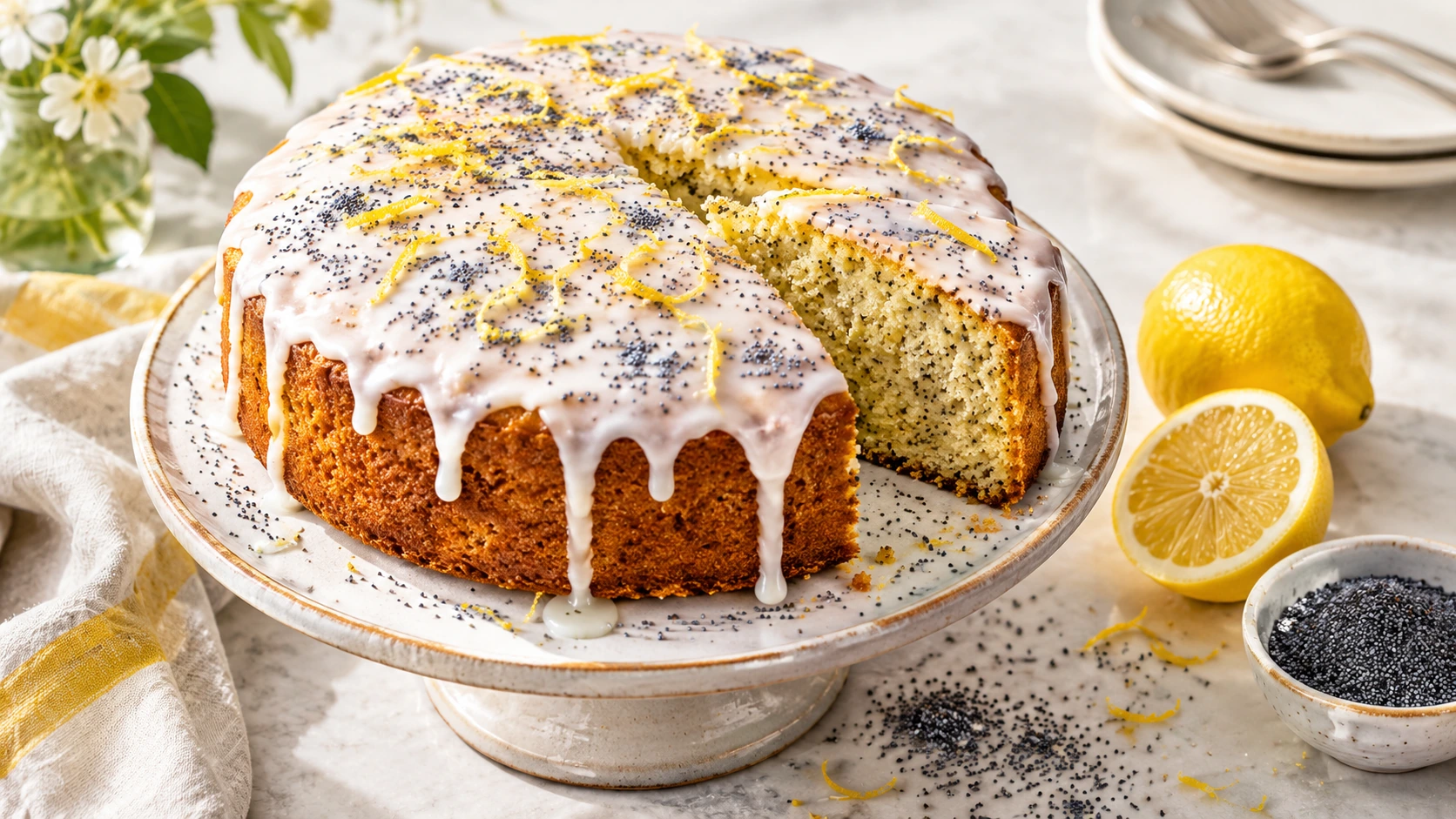 Zitronen-Mohnkuchen mit Zitronenglasur auf einem Kuchenteller