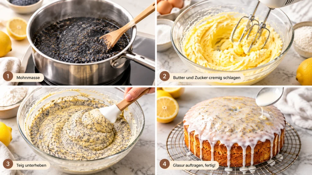 Zitronen-Mohnkuchen Schritt für Schritt: Mohnmasse, Teig, Glasur, fertig