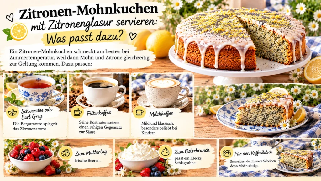 Zitronen-Mohnkuchen mit Zitronenglasur und passenden Getränken und Beilagen