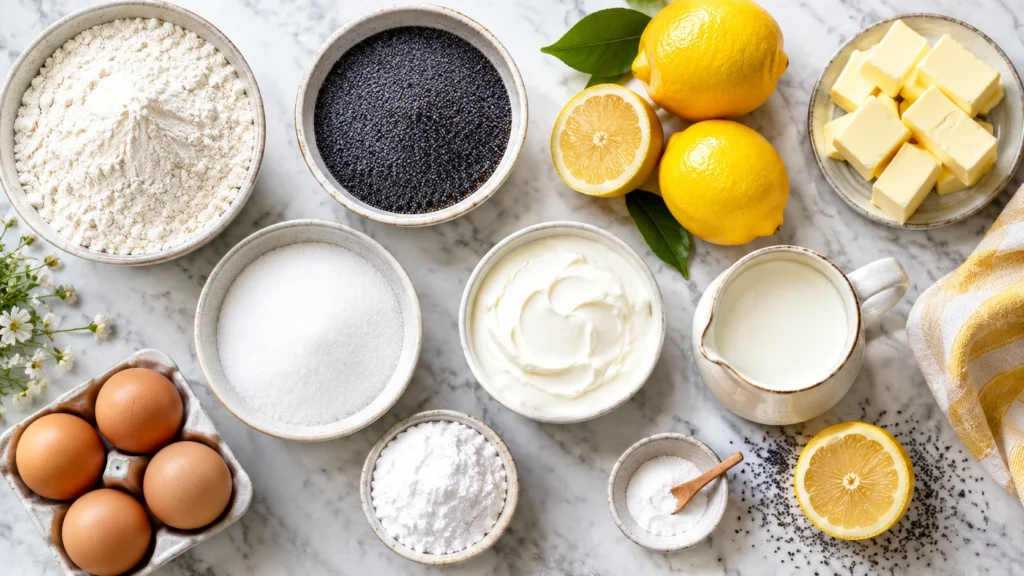 Zutaten für Zitronen-Mohnkuchen als Flatlay auf Marmor