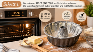 Backofen auf 175 °C (347 °F) Ober-/Unterhitze vorheizen. Die Gugelhupfform mit Butter einfetten und mit Mehl bestäuben.