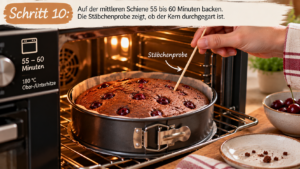 Auf der mittleren Schiene 55 bis 60 Minuten backen. Die Stäbchenprobe zeigt, ob der Kern durchgegart ist.