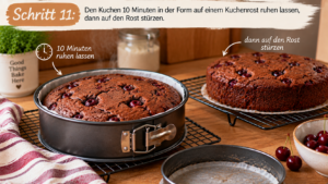 Den Kuchen 10 Minuten in der Form auf einem Kuchenrost ruhen lassen, dann auf den Rost stürzen.