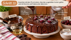 Kuvertüre mit dem Öl schmelzen, über den ausgekühlten Kuchen gießen und mit Kirschen und Puderzucker dekorieren.
