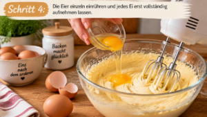 Die Eier einzeln einrühren und jedes Ei erst vollständig aufnehmen lassen.