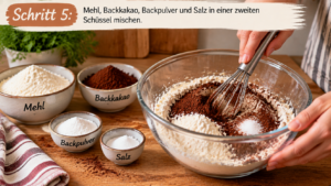 Mehl, Backkakao, Backpulver und Salz in einer zweiten Schüssel mischen.
