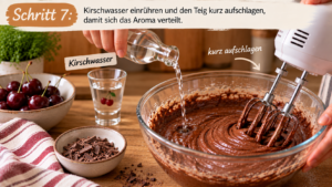 Kirschwasser einrühren und den Teig kurz aufschlagen, damit sich das Aroma verteilt.
