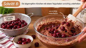 Die abgetropften Kirschen mit einem Teigschaber vorsichtig unterheben.