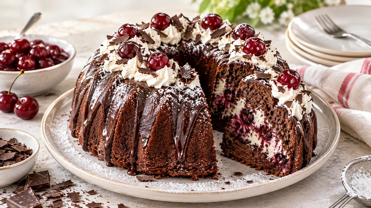 Schwarzwälder Kirsch-Gugelhupf mit Schokoglasur, Sauerkirschen, Sahne und Schokoladenraspeln