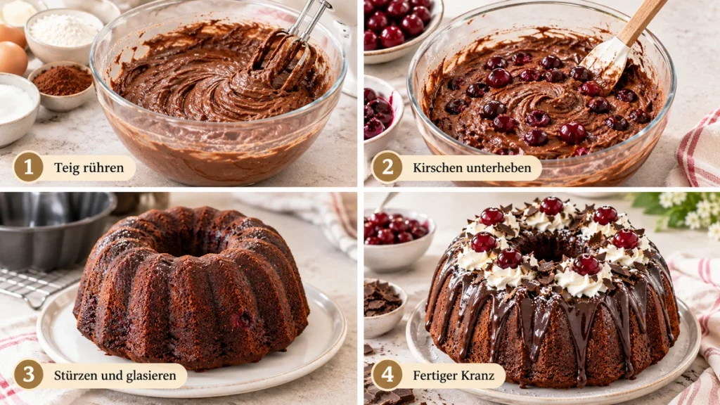 Schwarzwälder Kirsch-Gugelhupf Schritt für Schritt: Schokoladenteig rühren, Kirschen unterheben, Kuchen stürzen und glasieren