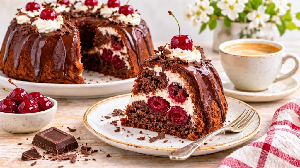 Ein Stück Schwarzwälder-Kirsch-Gugelhupf mit Schokoglasur, Kirschen und einer Tasse Kaffee.