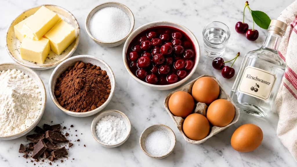 Zutaten für den Schwarzwälder-Kirsch-Gugelhupf: Butter, Mehl, Kakao, Sauerkirschen und Kirschwasser